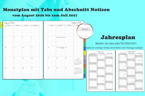 Kalender 2026 2027 A5, Schülerkalender 2026/27 1 Woche 2 Seite mit Tabs, Innentasche, Spiralbindung, Wochenplaner/Terminplaner Ringbuch Schulplaner Hausaufgabenheft, Planer 26/27(August-Juli)