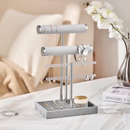Image of Jewelry Organizer Stand for Necklaces, Bracelets, Earrings, Rings, Grey | 3 Tier Velvet Bracelet Holder Display | Jewelry Organizers and Storage | Jewelry Tree | Jewelry Towers