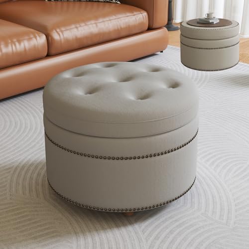 Fzoniel 24'' Dual-Surface Lid Round Ottoman – Accent Ottoman with Storage Comfortable Padding,Space-Saving Coffee Table for Living Room & Bedroom-Gray