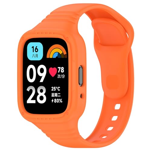 Einteiliger Armband Kompatibel mit Xiaomi Redmi Watch 3 Active Smartwatch, [Ersatz Uhrenarmbänder+Uhrengehäuse], Weiches Silikon Armbänder Anti-Schweiß Sportarmband (1 Orange,26.96CM)