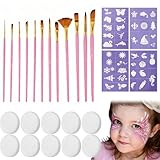 12 Stück Kinderschminken Pinsel Set - Schminkpinsel Set, Kinderschminken mit 10 Schwamm und 4 Schablonenaufkleber, Hochwertige Nylonborsten für Karneval Weihnachten Mottopartys & Körperkunst, Rosa