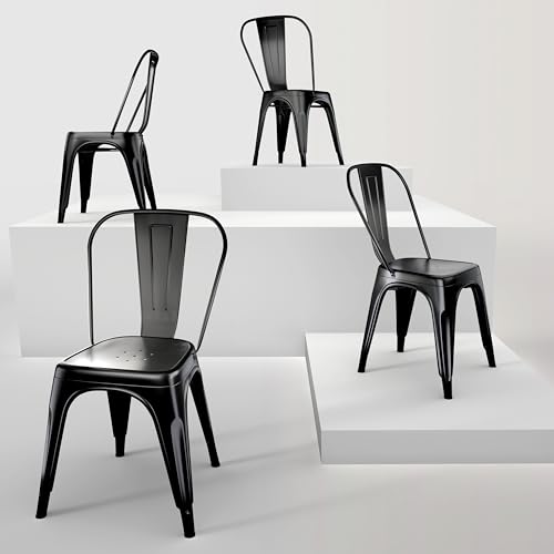 Image of Metal Dining Chairs with Backrest, Stackable, Matte Black, 4 Pack | Easy Assembly, Non-Slip Feet, 330 lb Capacity, Kitchen, Restaurant, Cafe, Pub, Covered Patio
