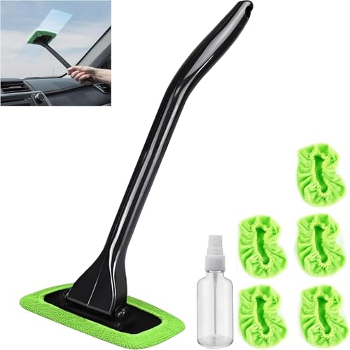 Car Windshield Cleaner Kit with Spray Bottle – Detachable Handle Auto Glass Cleaning Tool with 5 Reusable Microfiber Pads and 30ml Refillable Sprayer – Portable Interior Car Window & Mirror Washer