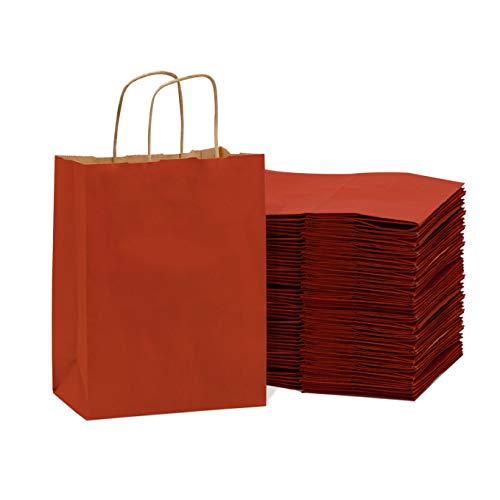 Prime Line Packaging Small Red Gift Bags with Handles, Kraft Shopping Tote for Holidays, Christmas, Goodies, Favors, Valentines, Bulk, 8x4x10 50 Pack
