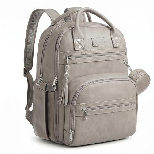 Image of ROSEGIN Premium Vegan Leather Diaper Bag Backpack with Waterproof Changing Pad, Reinforced Zippers & Odor-Free, 20 Pockets Pro Organizer, Fits 15.6" Laptop, Stroller Straps, Baby Bag for Mom, Grey