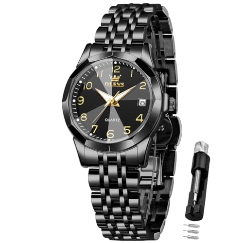 Olevs YPF-S-L9970G-HH Woman Black Watch Casual Small Dress Ladies Watch Waterproof Lady Watch Stainless Steel Strap Luminous Calendar Gifts For Wrist Watch Silver cover