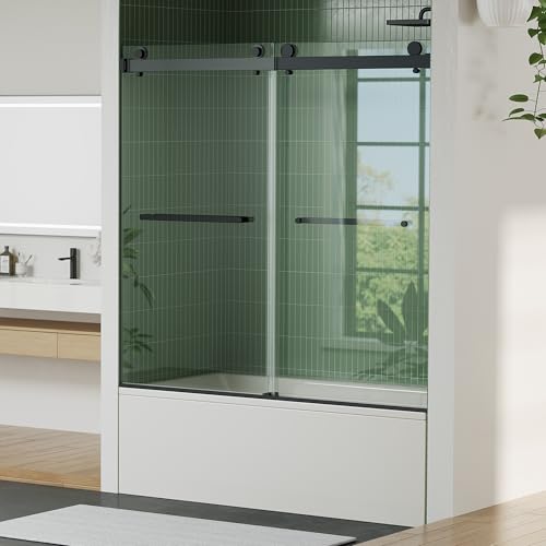 Image of 56 inch-60 inch W x 59 inch H Double Sliding Shower Door, Frameless Bypass Bathroom Door with 1 /4 inch(6mm) Tempered Glass,Matte Black Finish for Walk-in Shower