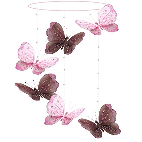 Butterfly Mobile Brown Pink Shimmer Spiral Nylon Mesh Butterflies Mobiles Decorations Decorate Baby Nursery Bedroom Girls Room Ceiling Decor Birthday Party Baby Shower Baby Crib Hanging Mobile 3D Art