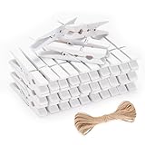 jijAcraft Weiß Holz Wäscheklammern 7cm: Groß Holzklammern für Fotos Aufhängen, 50 Stück Fotoklammern mit 10m Juteschnur zum Basteln für Hochzeitsdekoration, Babyshower-Deko, Weihnachtsdeko