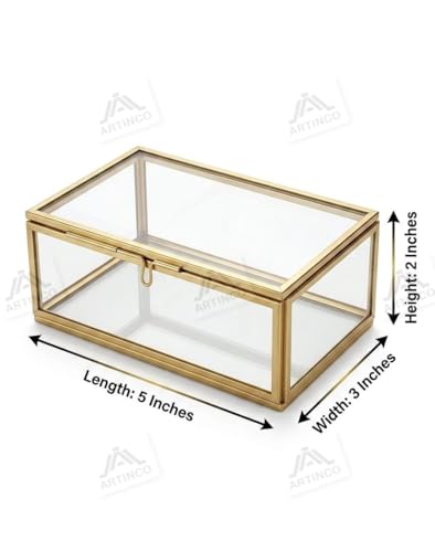 Image of Art India Collections Rectangular Glass Jewelry Box in Brass 5x3x2 Inches