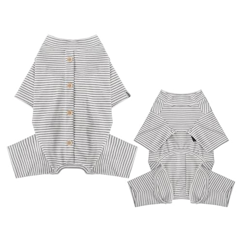 AttRex 可愛い 犬の服 つなぎ パジャマ 春夏秋 通気性 保温 小中型犬 ロンパース ボーダー柄 綿製 ドッグウエア Tシャツ 洋服 脱毛保護 部屋着 ルームウェア 寝間着 お出掛け用 散歩 仮装 (XL,グレー)