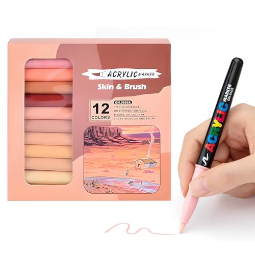 Acrylic Paint Pens 12 Skin Tone Colors Acrylic Markers with Soft Brush Tip Water-Based Quick-Dry Markers for Wood, Glass, Fabric and Rock Painting, Ideal for Portrait Illustration, Comic Art and DIY