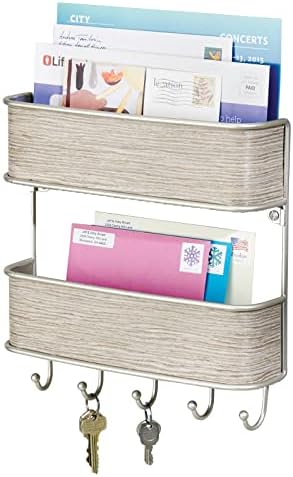 mDesign Letter Tray and Key Organiser - Wall-Mounted Key Rack and Letter Holder - 2 Slots for Letters and Multiple Key Hooks - Satin/Grey Wood Finish