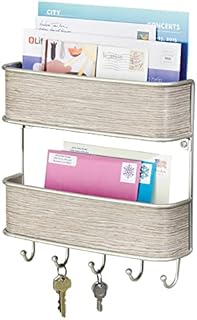 mDesign Letter Tray and Key Organiser - Wall-Mounted Key Rack and Letter Holder - 2 Slots for Letters and Multiple Key Hooks - Satin/Grey Wood Finish