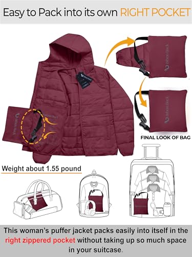 URBAN BUCK Packable Puffer Jacket Women with Hood – 32 Degree Heat Lightweight Travel Winter Plan Puff Foldable Jacket for Women - Ember Red Quilted Water-Resistant & Repellent For Outdoor (S)