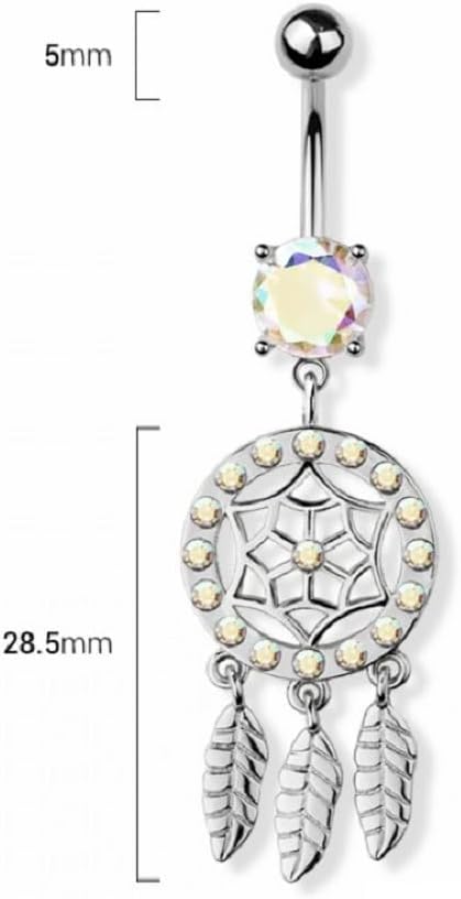 Pierced Owl 14GA 316L Stainless Steel Aurora Borealis CZ Crystal Dreamcatcher Dangling Belly Button Ring - Image 2