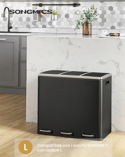 SONGMICS Cestino da Cucina, Pattumiera per Raccolta Differenziata 3 x 18L, 3 Scomparti per Riciclaggio, Coperchi a Chiusura Morbida, Pedali, Acciaio, Nero Inchiostro LTB54BK - Immagine 1