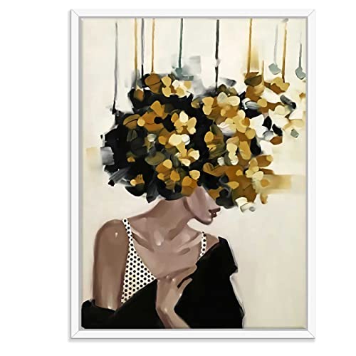 Image of PAINTINGMANTRA Mid Night Gold Girl With Flower Bouquet White Framed Canvas Print for Wall, Home and Living Room Decoration (Size - 23 x 17 Inchs)
