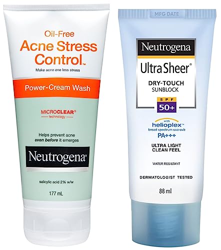 Image of Neutrogena Oil Free Acne Wash Pink-Grapefruit Cleanser, Pink, 175 ml & Neutrogena Sunscreen SPF 50+ - 80.0 grams Oil