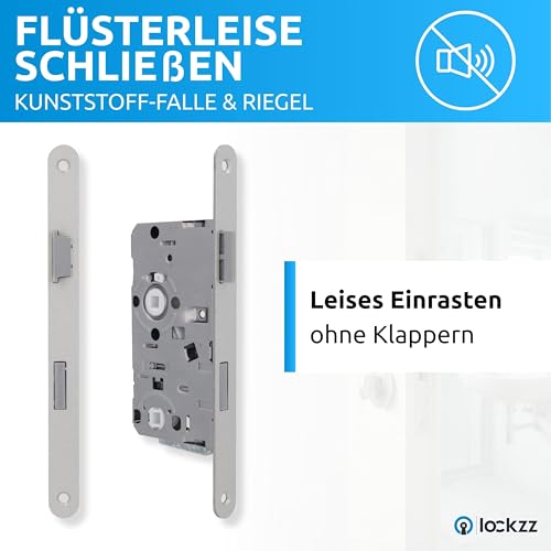 lockzz WC-Einsteckschloss Badtür DIN Links – Badschloss 55mm Dornmaß – Made in Germany – Kunststoff-Falle & Riegel Leise – DIN 18251-1 – Stulp 20x235mm abgerundet Silber