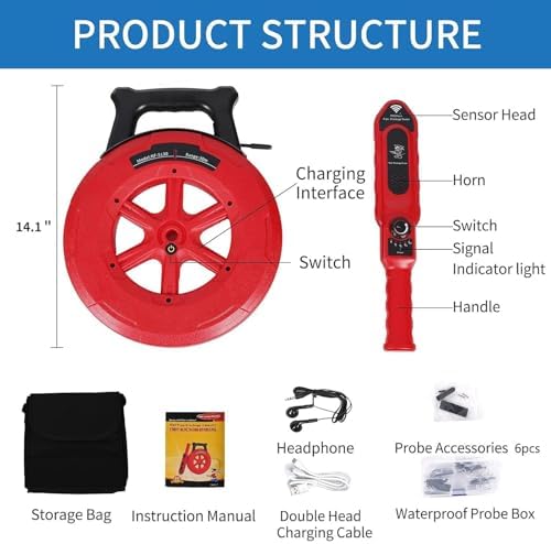 Underground Pipe Locator & Water Leak Detector - 30m Line Blockage Finder with 7 Probes for Concrete & PVC Pipes - Efficient Clogging Detection Tool