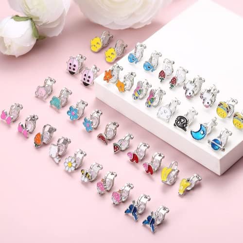 JeryWe 20-24 Pairs Kids Clip on Earrings for Women Girls Princess Play Dress Up Earrings Set for Kids Cute Assorted Colorful Animal Unicorn Heart Flower Rabbit Non Pierced Earrings Set