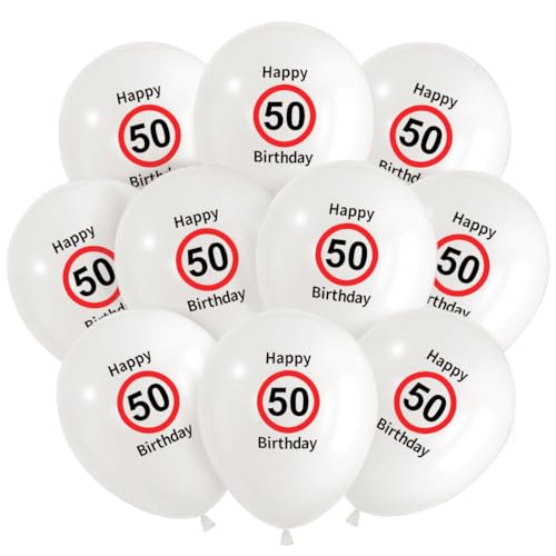 30 Stück Deko 50. Geburtstag Luftballons, 50 Happy Birthday Ballon Rot Weiß, Luftballon 50 Jahre zum Mann Frauen 50 Geburtstagsdeko, Verkehrsschild Geburtstagsfeiern Deko