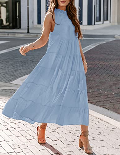 Haeof Womens 2023 Summer Sleeveless Halter Maxi Dress Pleated Tiered Swing Beach Long Dresses Sundress Lightblue #TOP1
