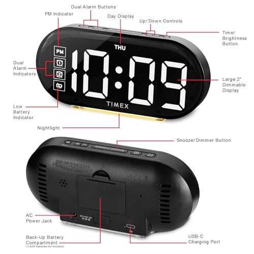 Timex Alarm Clock with Large Display, Night Light and USB Charger - Black (T338)