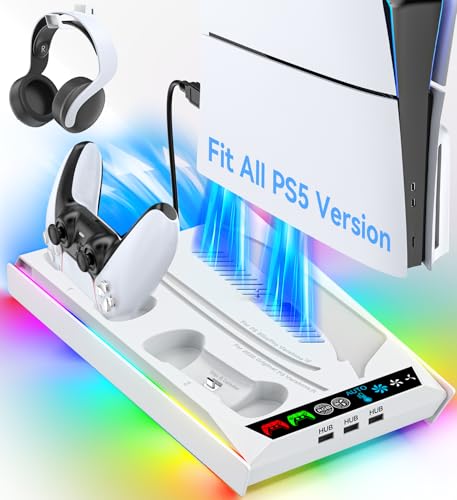 Soporte para PS5/Pro/Slim y Refrigeración para PS 5 Disc & Digital, Cargador para PS5 & Edge Mando, Ventilador Automático PlayStation 5 de 3 Velociadades 3 USB HUB Blanco