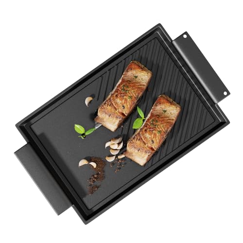 CAZOOO Grillplatte 38x21 cm mit Seitengriffen Aufhängeloch glatte antihaftbeschichtete Plancha aus Gusseisen Guss für alle Herdarten inkl. Induktion & Backofen
