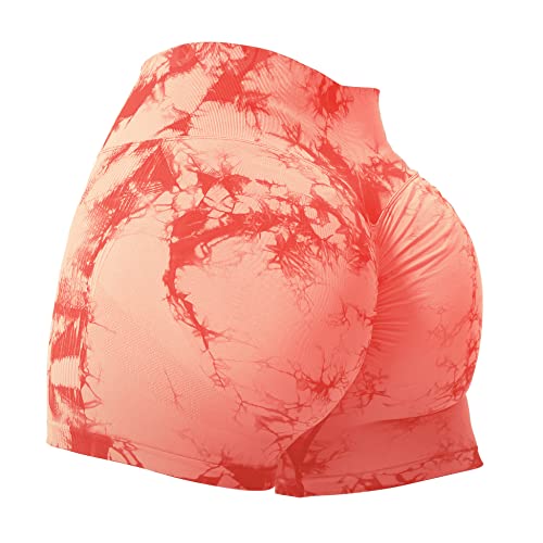 VOYJOY Pantalones cortos de entrenamiento para mujer de 3.6 pulgadas, pantalones cortos de gimnasio sin costuras para yoga, #1 Naranja (Tie Dye Scrunch), S