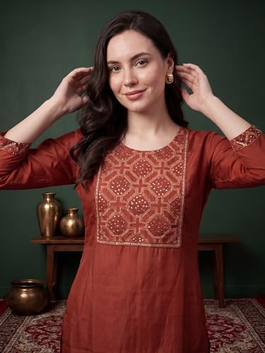Image of INDO ERA Women's Silk Blend Floral Embroidered Thread Work Straight Kurta & Pant with Dupatta Set | Kurti Set