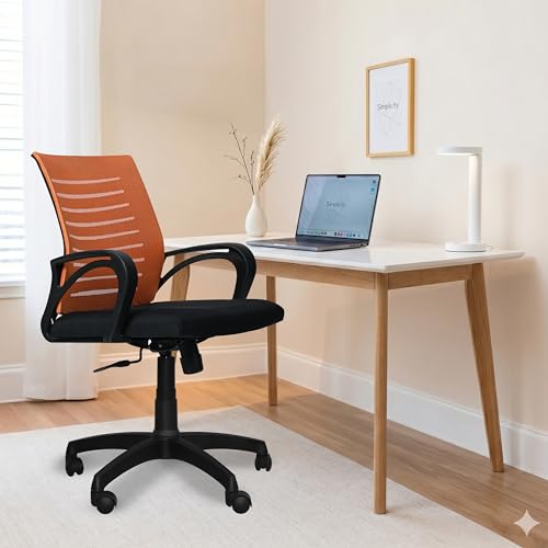 Image of Amazon Brand - Solimo Sitly Mid Back Revolving Office Chair for Work from Home, Study, and Computer Use | Heavy Duty Base | Ergonomic Mesh Design | Durable & Comfortable Seating (Orange Mesh)