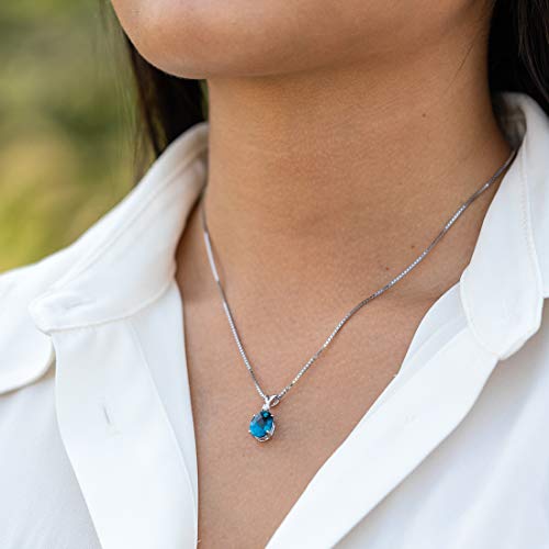 Peora London Blue Topaz With Diamond Solitaire Pendant For Women 14K White Gold, Genuine Gemstone Birthstone, 3 Carats Oval Shape 10X8Mm #TOP6