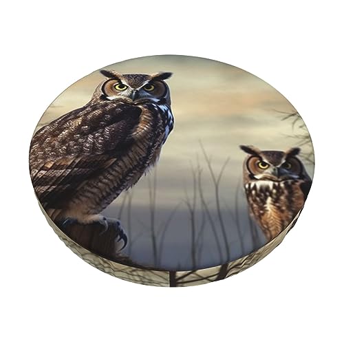 Owl Sitting Tree Fence Print Round Stool Covers Velvet Seat Covers Elastic Washable Bar Chair Cover for Dining Room Office Salon
