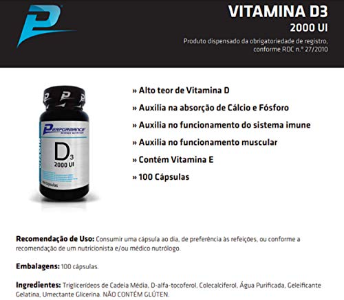 Vitamina D3 2000ui 50 mcg Performance Nutrition 100 softgel Kit 3 Und