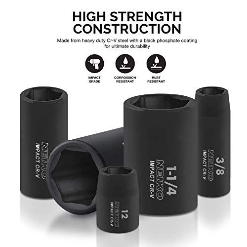 NEIKO 02448A 1/2" Drive Master Impact Socket Set, 65 Piece, Standard SAE (3/8"-1-1/4") & Metric (10-24 mm) Sizes, Deep & Shallow Kit, Includes Adapters & Ratchet Handle by NEIKO - Image 2