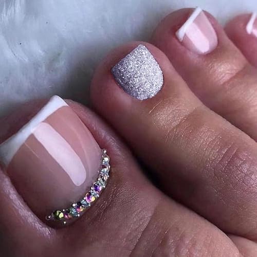 MouyouGlow 24 Pezzi Falso Unghie Finte Piedi Corte,Squared Rosa Nudo Bianco French Argento Scintillio Crystal Fake Feet Toe Nails Full Cover Foot Press on Nails con Colla