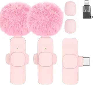 Kablosuz Tüylü Pembe Yaka Mikrofonu Type-C ve Apple Girişli 2’li Set Bluetooth 5.0