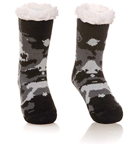 Kids Boys Girls Soft Comfy Slipper Socks Winter Fleece Lined Fuzzy Children Toddler Christmas Home Socks(Black Camouflage, 5-8 Years)