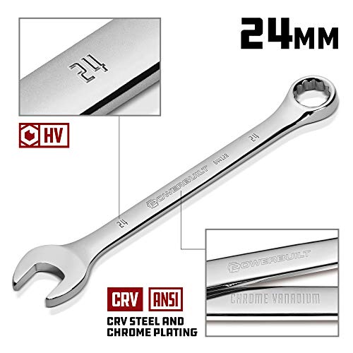 Image of Powerbuilt 24mm Metric Combination Wrench, 12 Point Double Ended Box and Open End, 15 Degree Offset Polished 644128