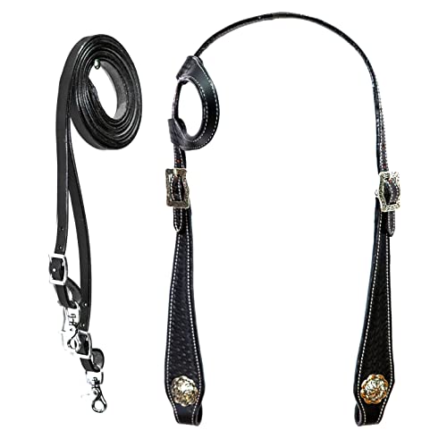 Manaal Enterprises Negro/Marrón Western Cuero Premium Cosido a mano Latigo Cuero Diadema Cabecera & Riendas Equestrian Trail Tack Set Cover