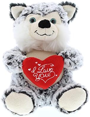 DolliBu I Love You Valentine Plush Sitting Husky Dog - Cute Stuffed Animal with Red Heart and Name Personalization Gift for Valentines Day, Birthday, Anniversary, Romantic Date - 9 Inches