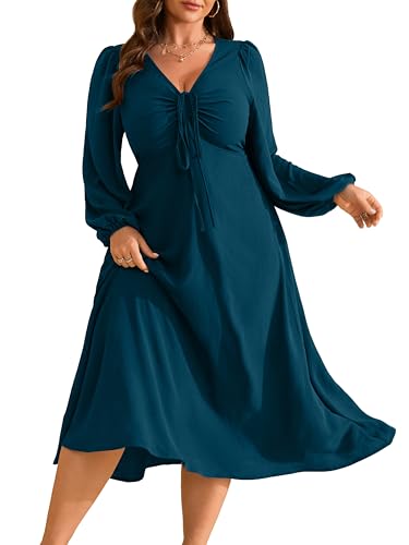 RWJ Fall Wedding Guest Dresses for Women Plus Size V Neck Long Sleeve Tie Front Cocktail Maxi Dress with Pockets Lake Blue X-Large