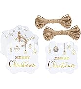 100Pcs Christmas Gift Tags with String,Holiday Gift and Favor Tags,Christmas Gold Foil Paper Gift...