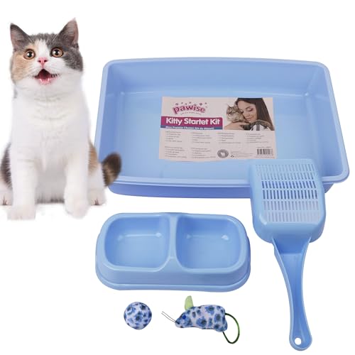 PAWISE Small Cat Litter Box, Kitten Litter Box Starter Kit, Low Entry Baby Catty Training Litter Box with Scoop, Bowls,Cat Mouse Toy and Cat Ball Toy,First Kitten Owner Essentials (Blue)