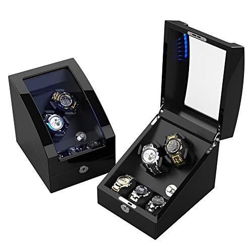 Double Watch Winder+ 3 Soft Leather Watch Pillows LED Automatic Watches Winding Box Wood Shell Mechanical Watch Shaker Japanese Quiet Motor Watch Spinner Case Fit Lady and Man Watches(TRIPLE TREE)