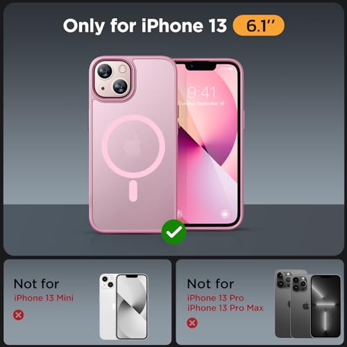 Image of Miracase Magnetic for iPhone 13 Case 6.1 inch (Compatible with MagSafe)(with 2X Screen Protectors) Military-Grade Protection, Anti-Fingerprint Translucent Matte Phone Case Cover, Mes Pink