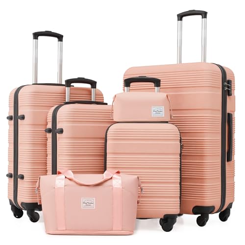 LONG VACATION 6 Piece ABS+PC Hardshell Luggage Set with Spinner Wheels Lightweight suitcase set with TSA Lock & YKK Zipper Pink